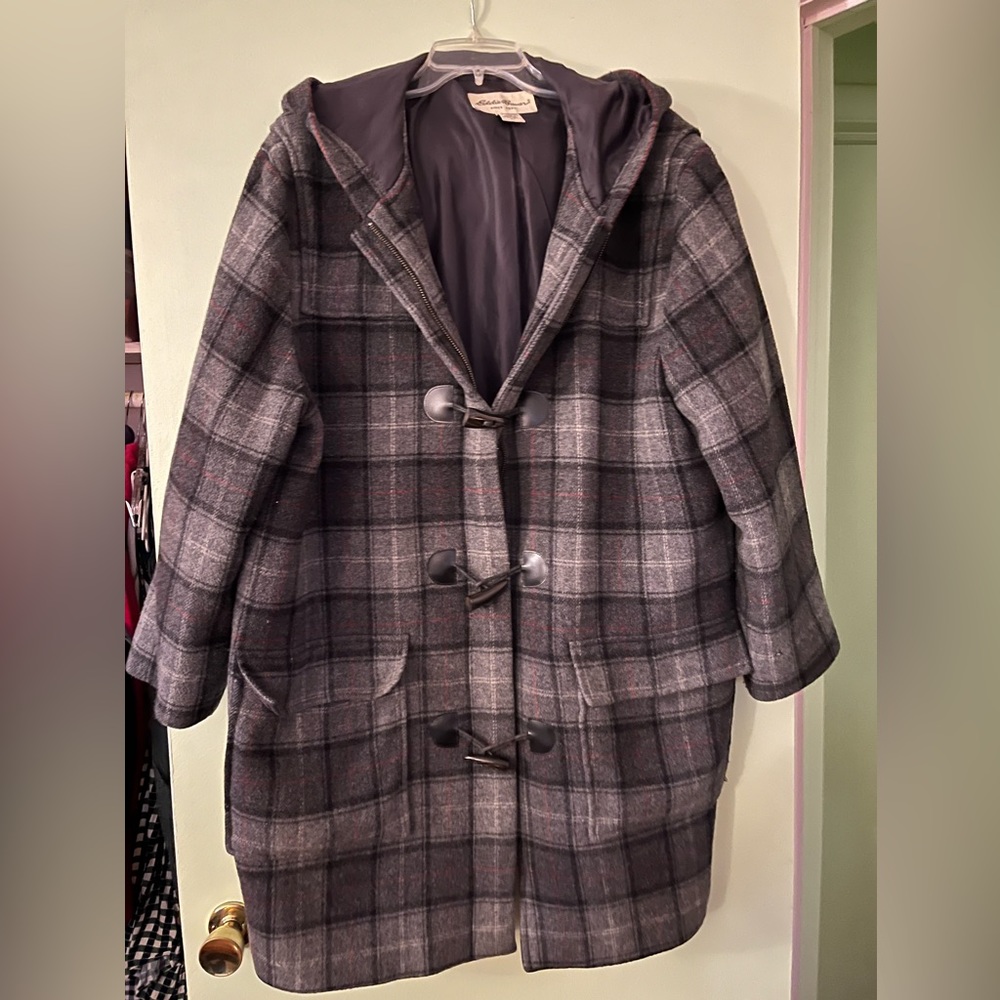 Eddie Bauer grey plaid winter coat with hood